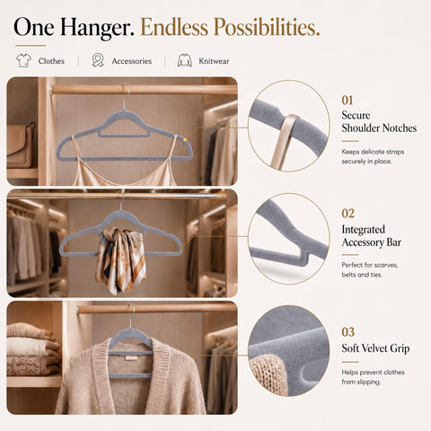 Housezy Coat Hangers, 20 Pack, Non-Slip Velvet Hangers for Clothes with Tie Bar & 360° Rotating Hook, Strong & Durable