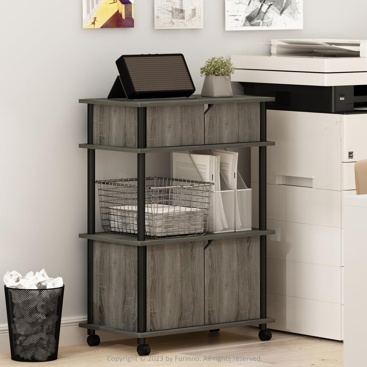 Furinno TURN-N-TUBE Printer Stand with Storage, 4-Tier Printer Table with with Storage Cabinet and Casters, Open Frame Standing Shelf, for CPU