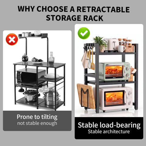 Kiseely Expandable Microwave Shelf, Shelf Stand Extendable for Kitchen Countertop, Oven Rack with 6 Hooks, Kitchen Countertop Organiser Shelves