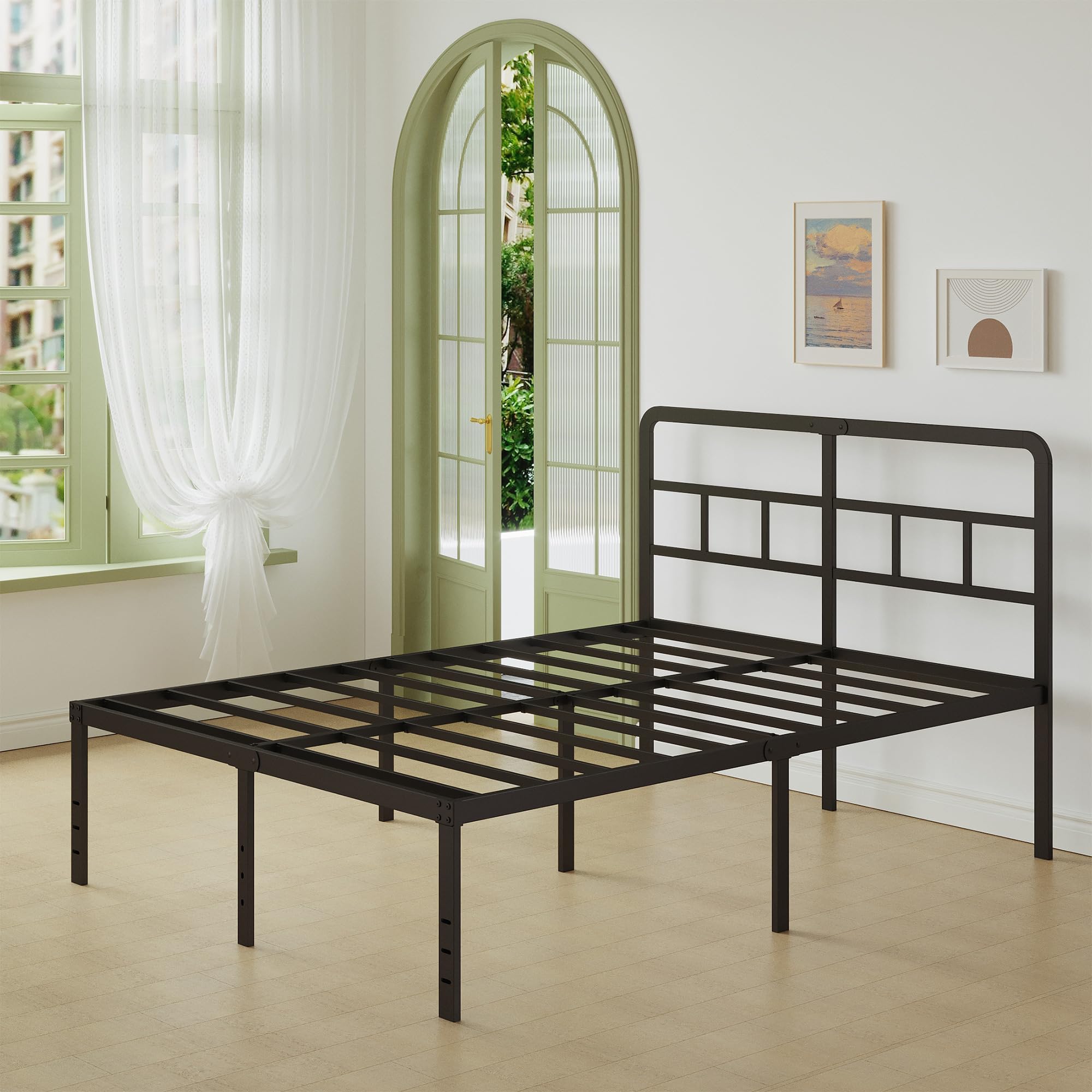 Lutown-Teen European Double Bed Frame 160 x 190 cm with Headboard, Black