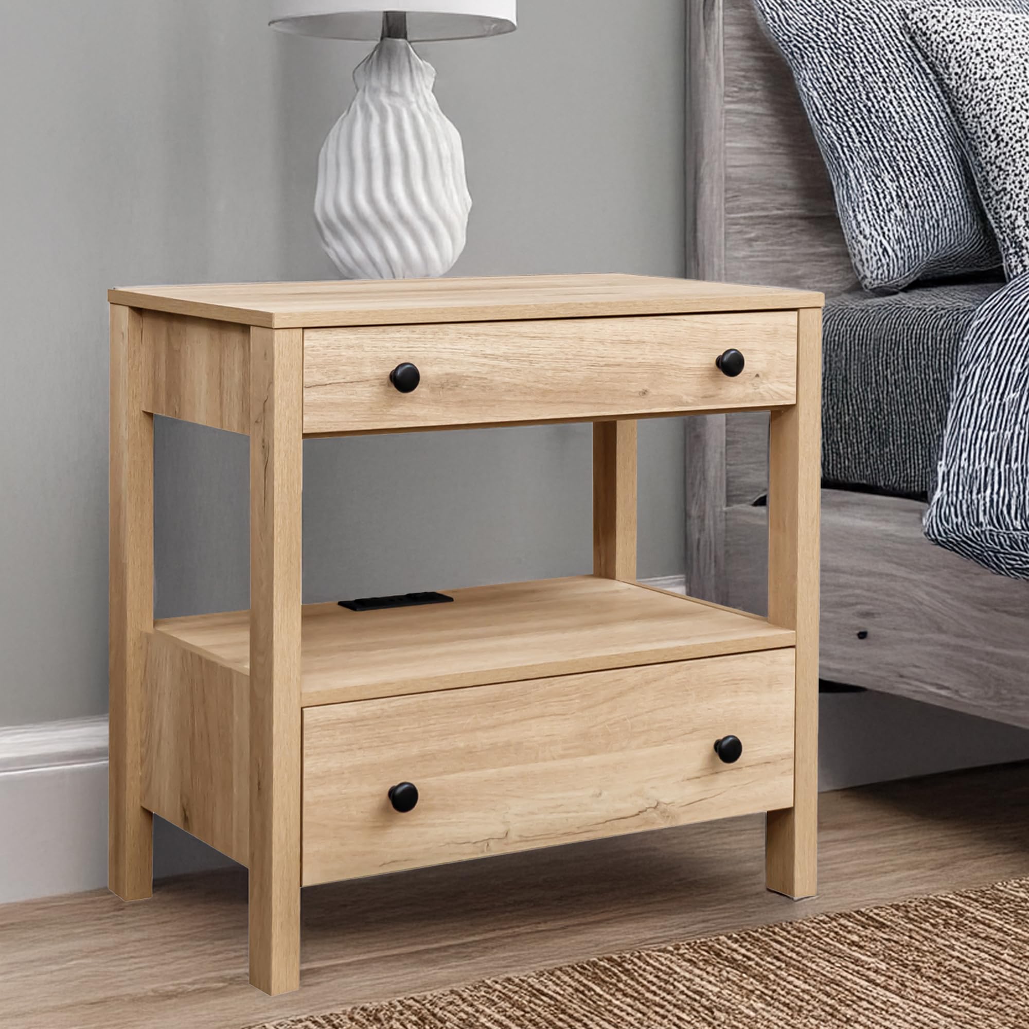 MINCETA Nightstand with Charging Station, Wood Storage End Table with 2 Drawers & Open Shelf