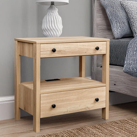 MINCETA Nightstand with Charging Station, Wood Storage End Table with 2 Drawers & Open Shelf