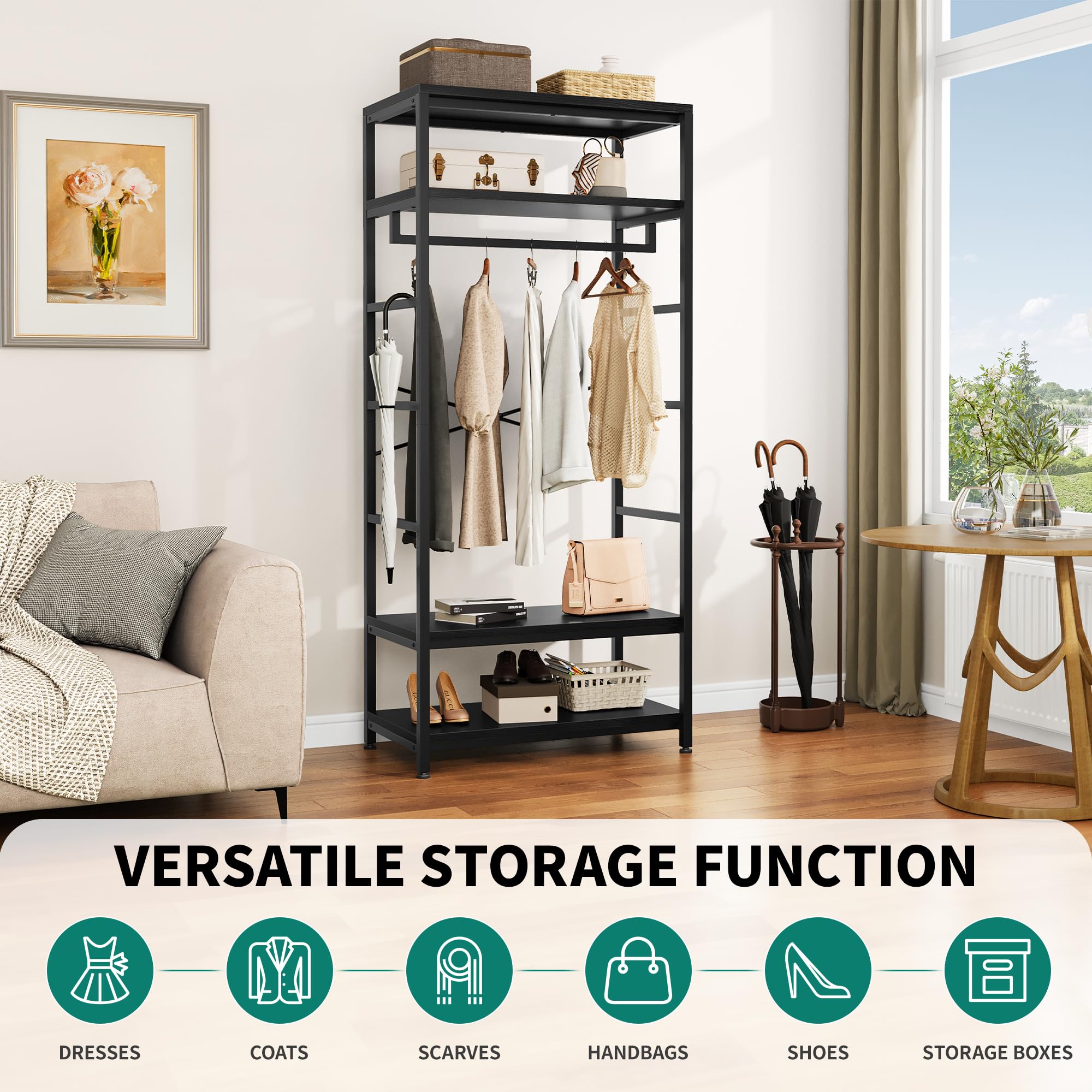 YITAHOME Clothes Rail Coat Rack Stand Shoe Storage 4 Shelves Black