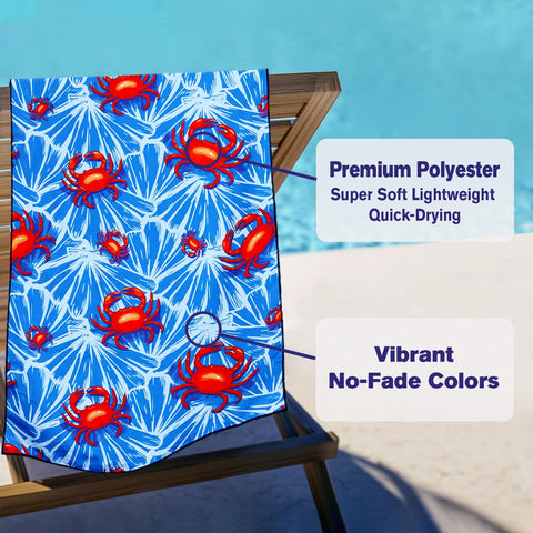 Violetpos Red Crab Print Beach Towel, Extra Large 180x90 cm 250GSM Microfibre, Sand Free Quick Dry