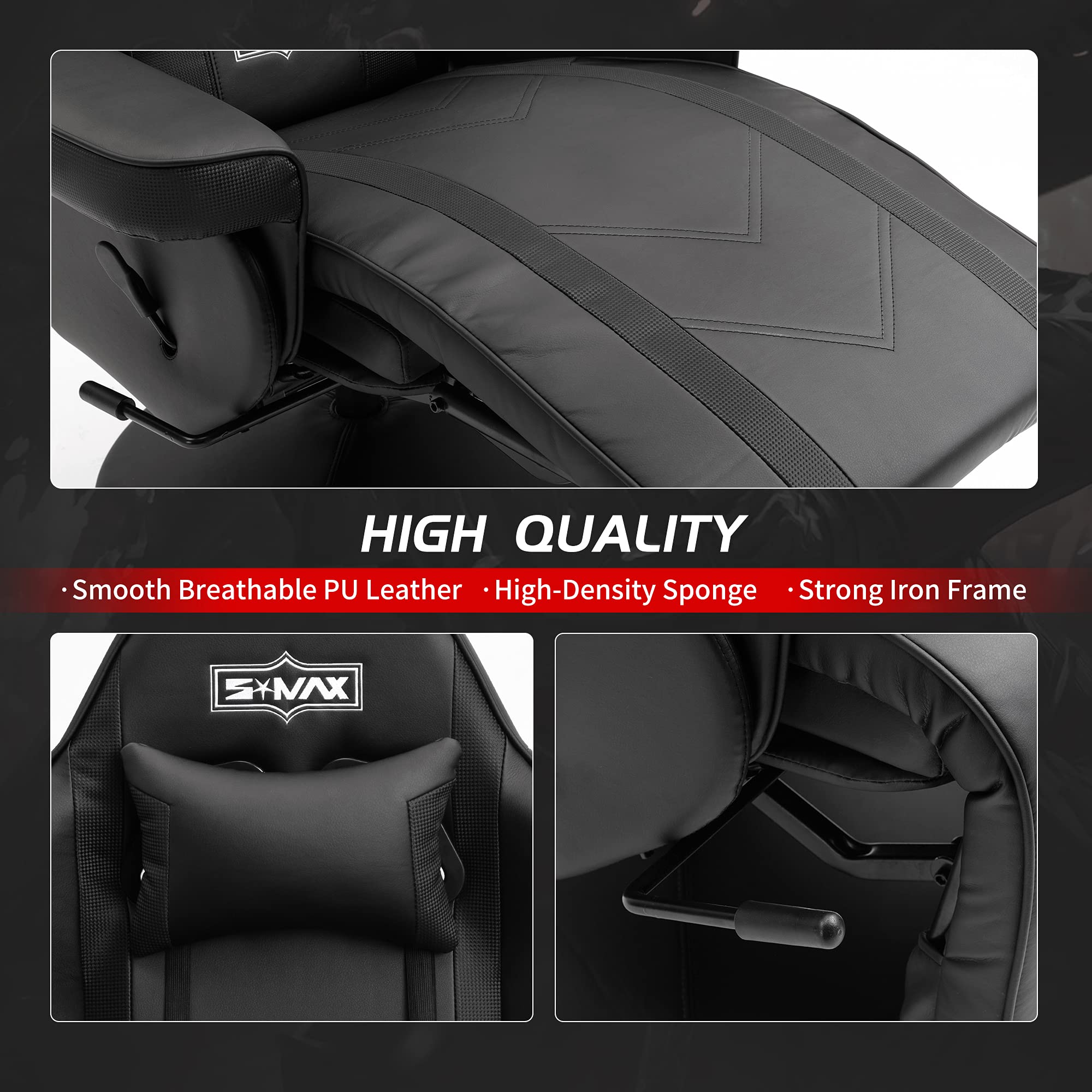 S*MAX Gaming Recliner Chair Ergonomic High Back Wide Lumbar Support Swivel PU Leather Cup Holder Adjustable Backrest Footrest Gaming Chair for Adults