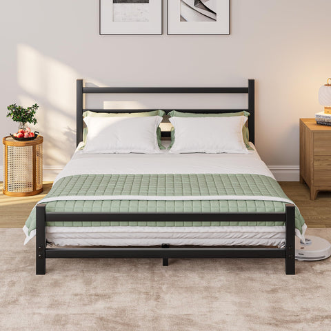 HOMERECOMMEND Double Bed Frame With Headboard,4ft6 Floor Bed Frame,Black