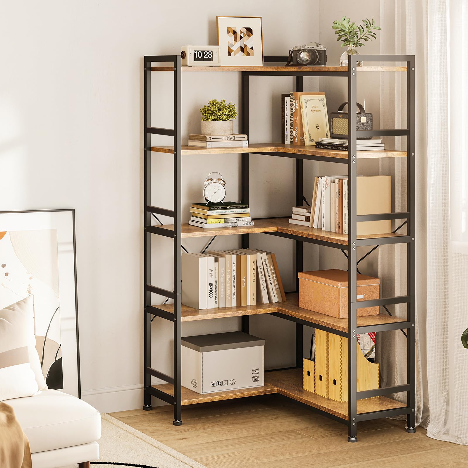 Coleshome 5-Tier L-Shape Corner Bookcase, 145.5cm, Brown