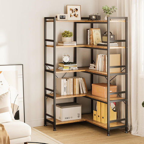 Coleshome 5-Tier L-Shape Corner Bookcase, 145.5cm, Brown