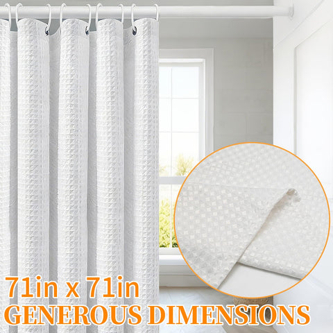 MospdyGear Water and Mould Proof Shower Curtain, White Waffle Weave Machine Washable 180x180cm with Hooks, Easy Clean Bathroom Decor
