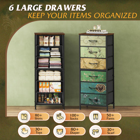 WLIVE Chest of Drawers, 6 Fabric Drawers Tall Narrow Dresser for Bedroom