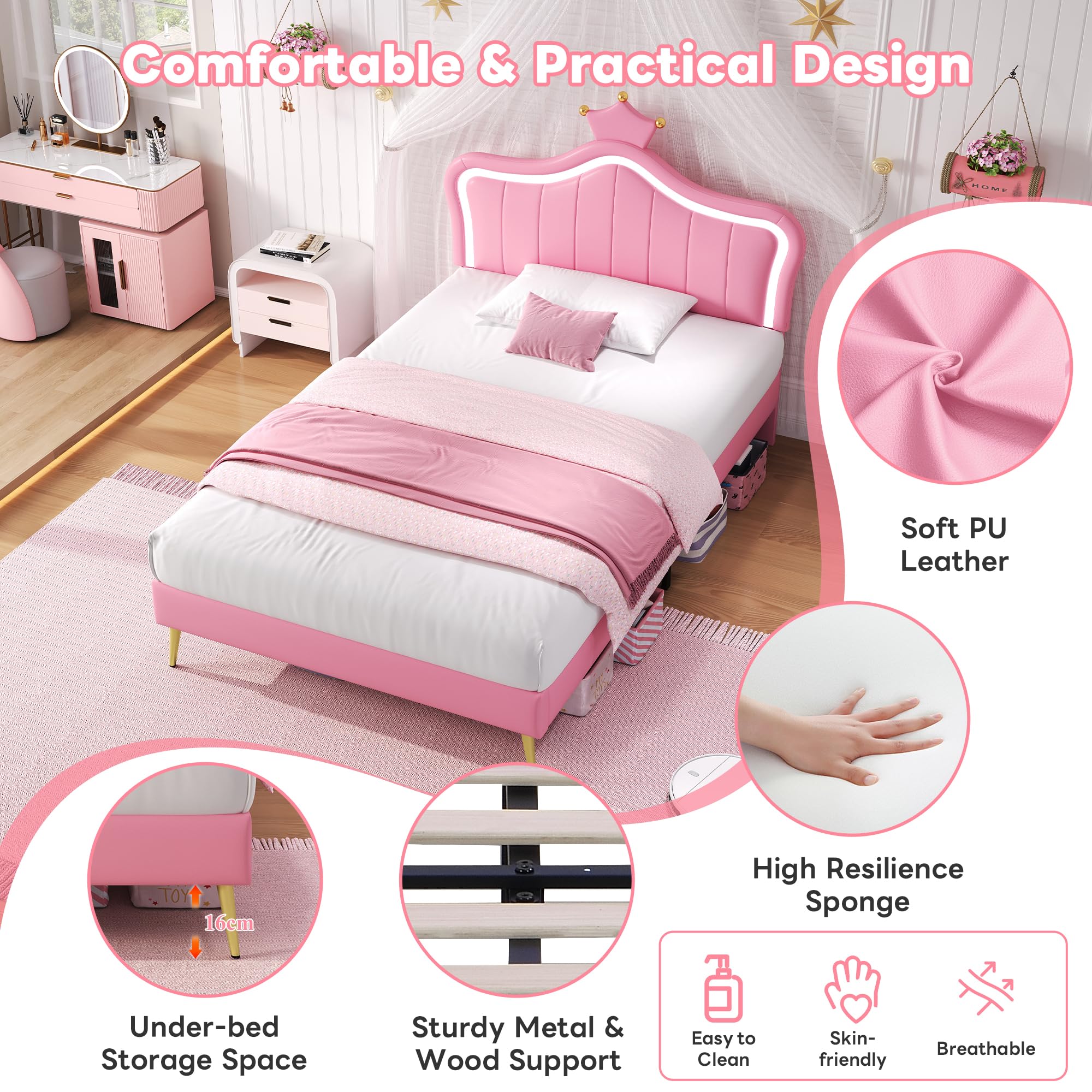 Ball & Cast 3ft Single Upholstered Bed with LED Adjustable Crown Shape Headboard, PU Leather Bed Frame with Solid Wood Slat, No Box Spring Needed