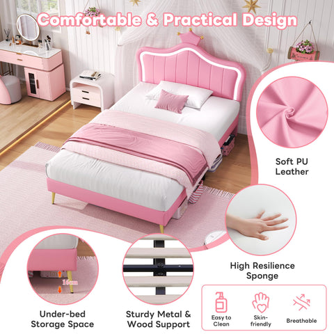 Merax 3FT Single Upholstered Bed Frame with LED Crown Shape Adjustable Headboard, PU Leather Platform Bed with Solid Wood Slats, Sturdy Metal Support
