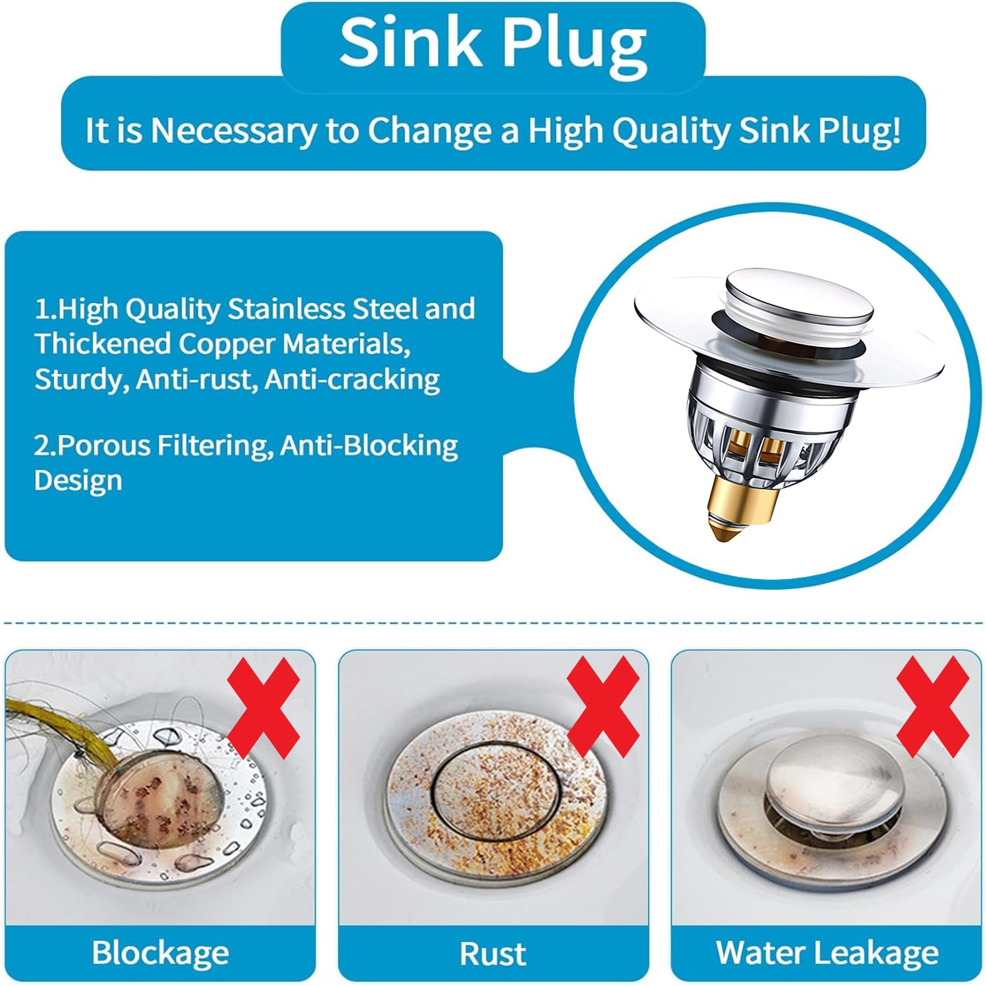 YOXITIXOY Sink Plug，Universal Bathroom Pop Up Wash Basin Plug Replacement Stainless Steel Strainer，pop up Sink Plugs ，Drain Stoppers，for Bath，Basin