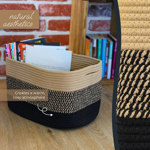 HMF Storage Basket with Hidden Handles, Set of 3, Cotton Basket, 37.5 x 25 x 22.5 cm, Black Honey