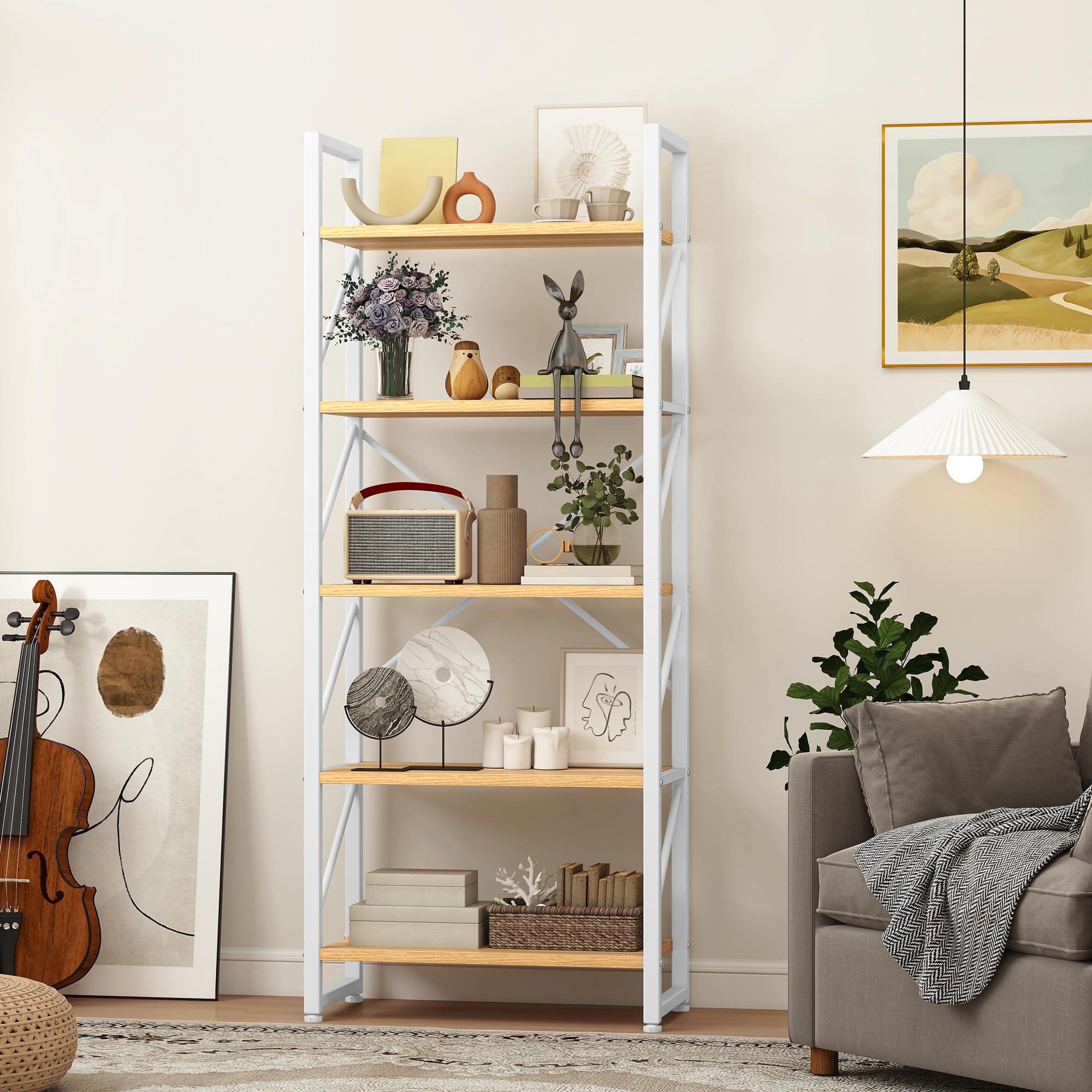 DWVO 5 Tiers Book Shelf, Wood and Metal Bookcase Storage Organizer, Industrial Bookshelf Tall Shelving Unit Display Rack for Living Room Kitchen