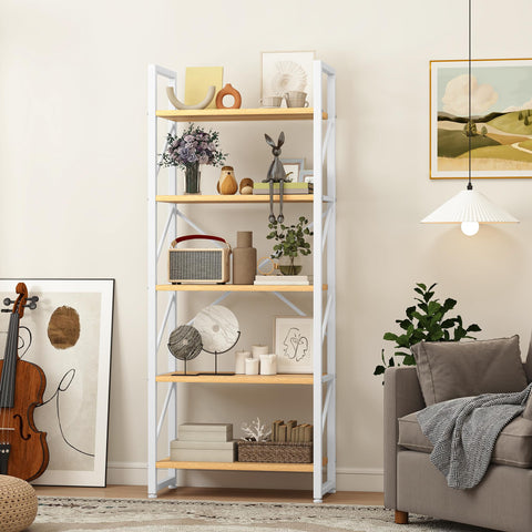 DWVO 5 Tiers Book Shelf, Wood and Metal Bookcase Storage Organizer, Industrial Bookshelf Tall Shelving Unit Display Rack for Living Room Kitchen