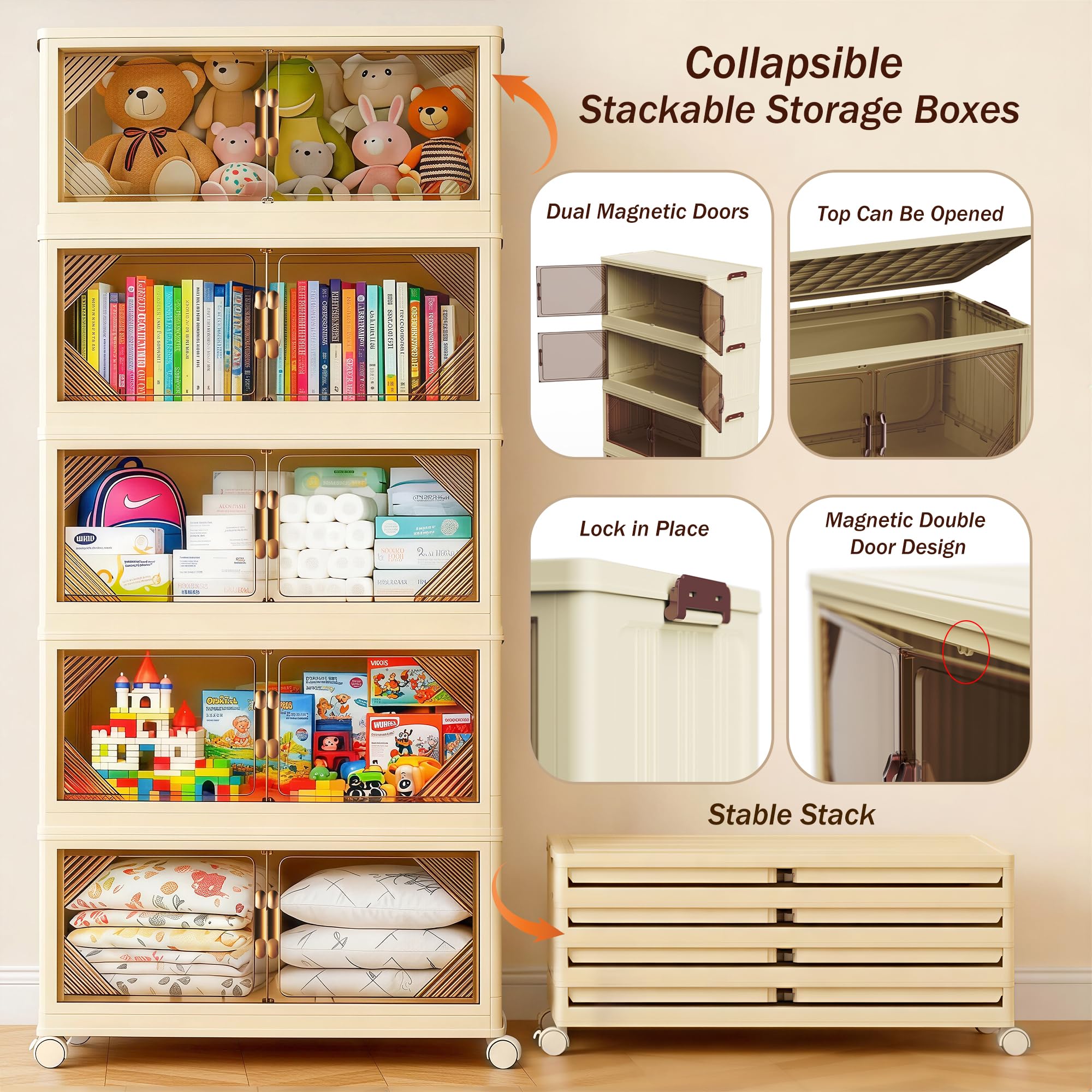 Nordswal 5 Tier Stackable Storage Boxes with Lids, Doors & Wheels, Foldable Collapsible Plastic Storage Organiser, Large Lidded Storage Bins for Home