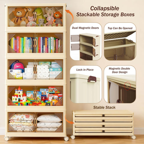 Nordswal 5 Tier Stackable Storage Boxes with Lids, Doors & Wheels, Foldable Collapsible Plastic Storage Organiser, Large Lidded Storage Bins for Home