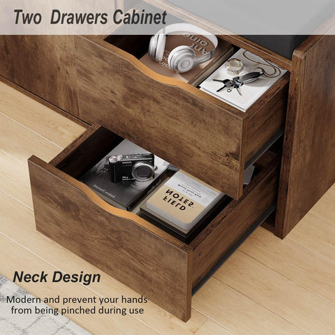 LVB Entryway Shoe Bench, Rustic Storage Bench with Cushioned Seat, Long Hidden Shoe Organizer Bench with 2 Drawers