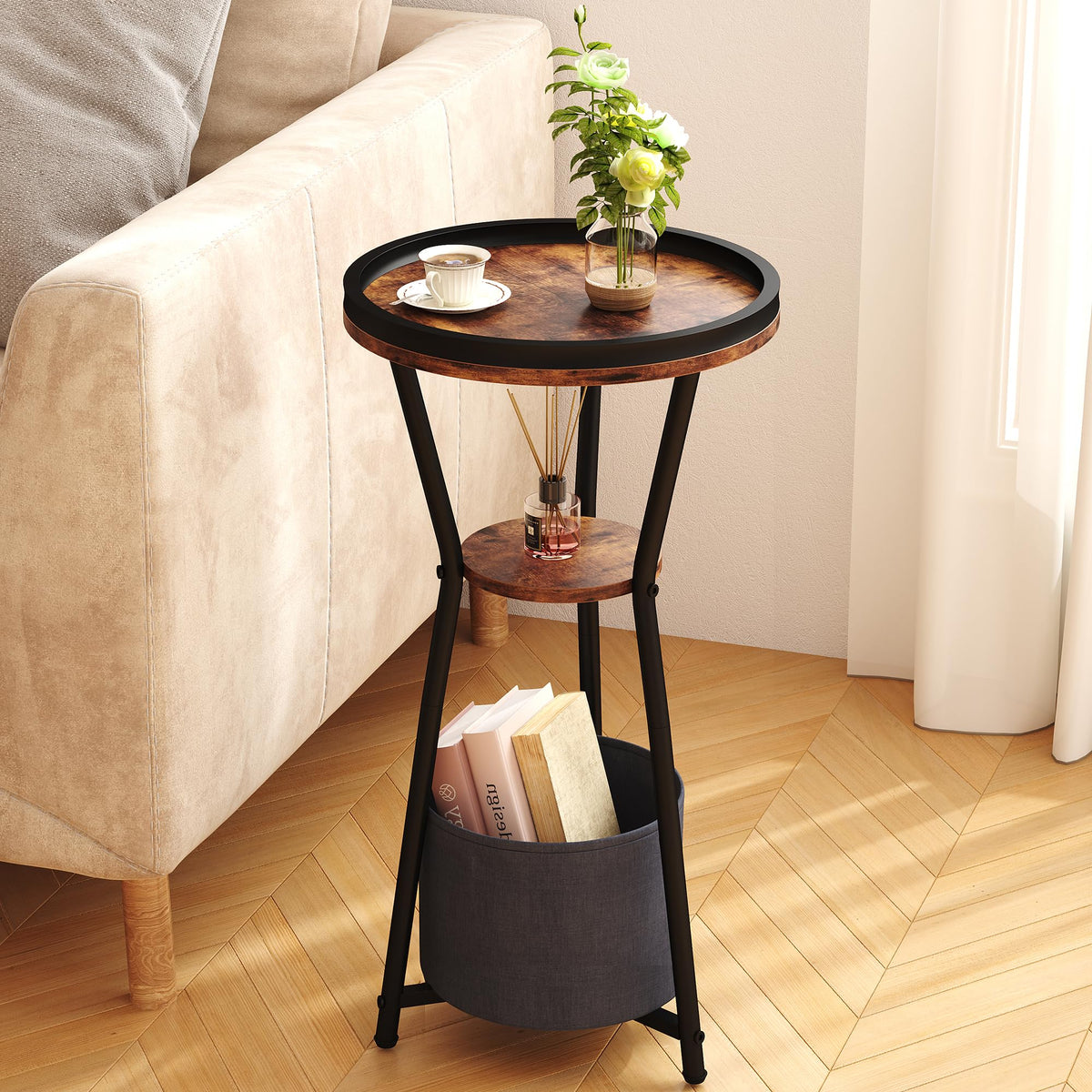 Yusong Round Side Table, Small Drink Table for Small Spaces, 3-Tier Industrial Corner Table, Bedside Table Highlight for Living Room, Bedroom, Sofa