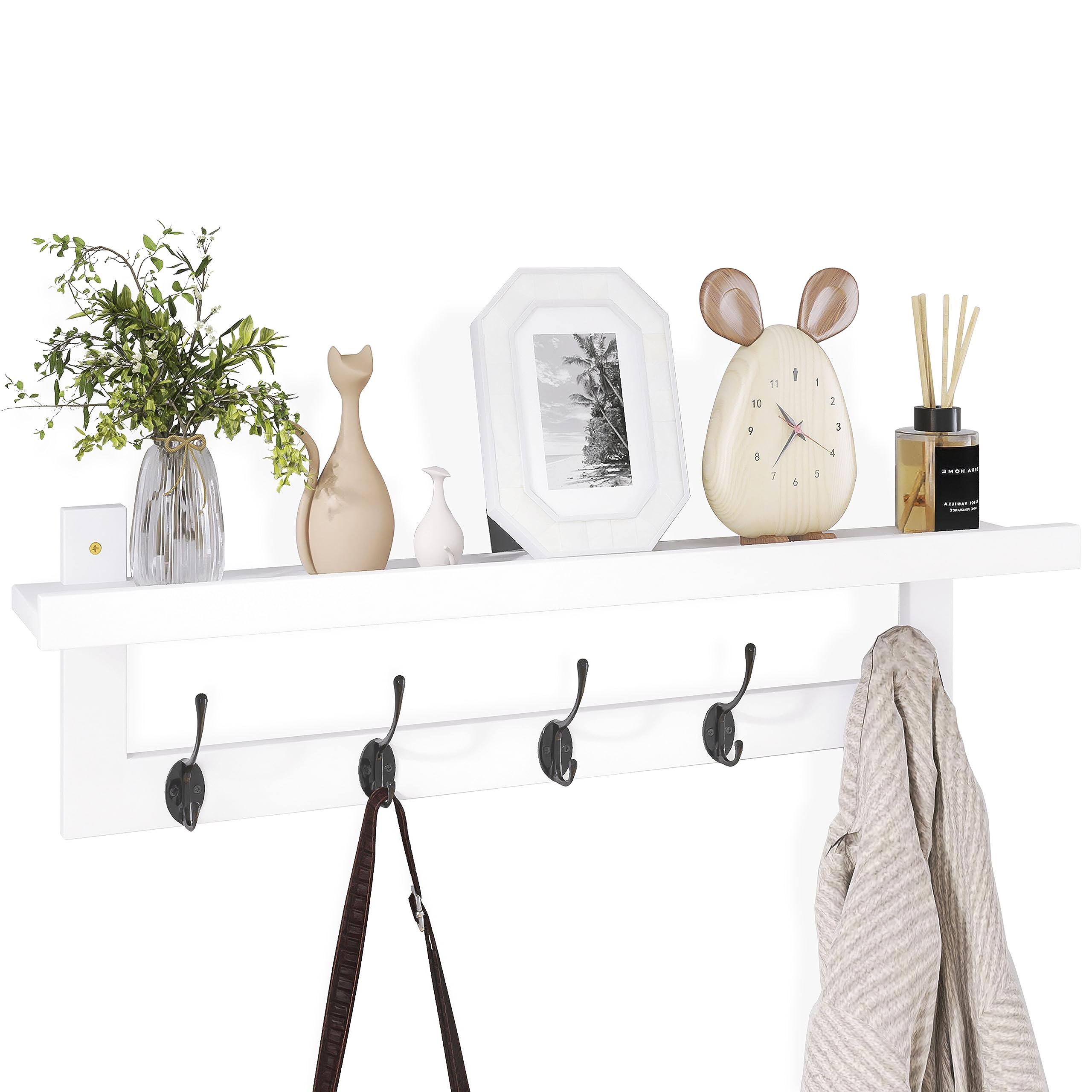SMIBUY Coat Hooks with Shelf Wall-Mounted, 74 cm Entryway Coat Rack for Wall, Bamboo Hanging Shelf with 5 Double Metal Hooks for Bathroom, Bedroom