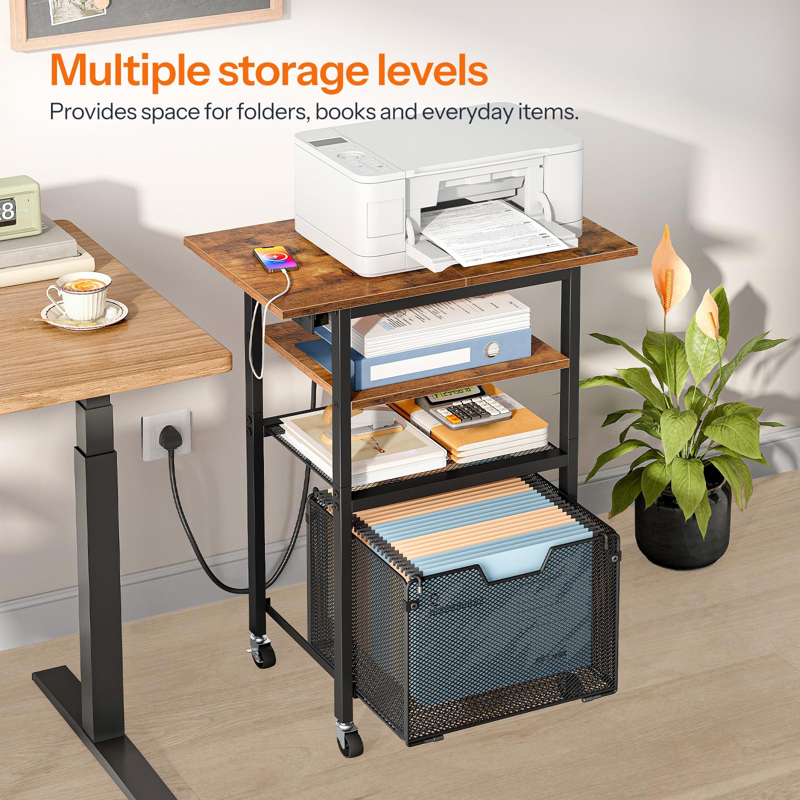 HOOBRO Printer Stand with Charging Station, Rolling Printer Table with File Drawer, 4-Tier Mobile Printer Cart with AC Outlet, Type-C & USB-A Ports