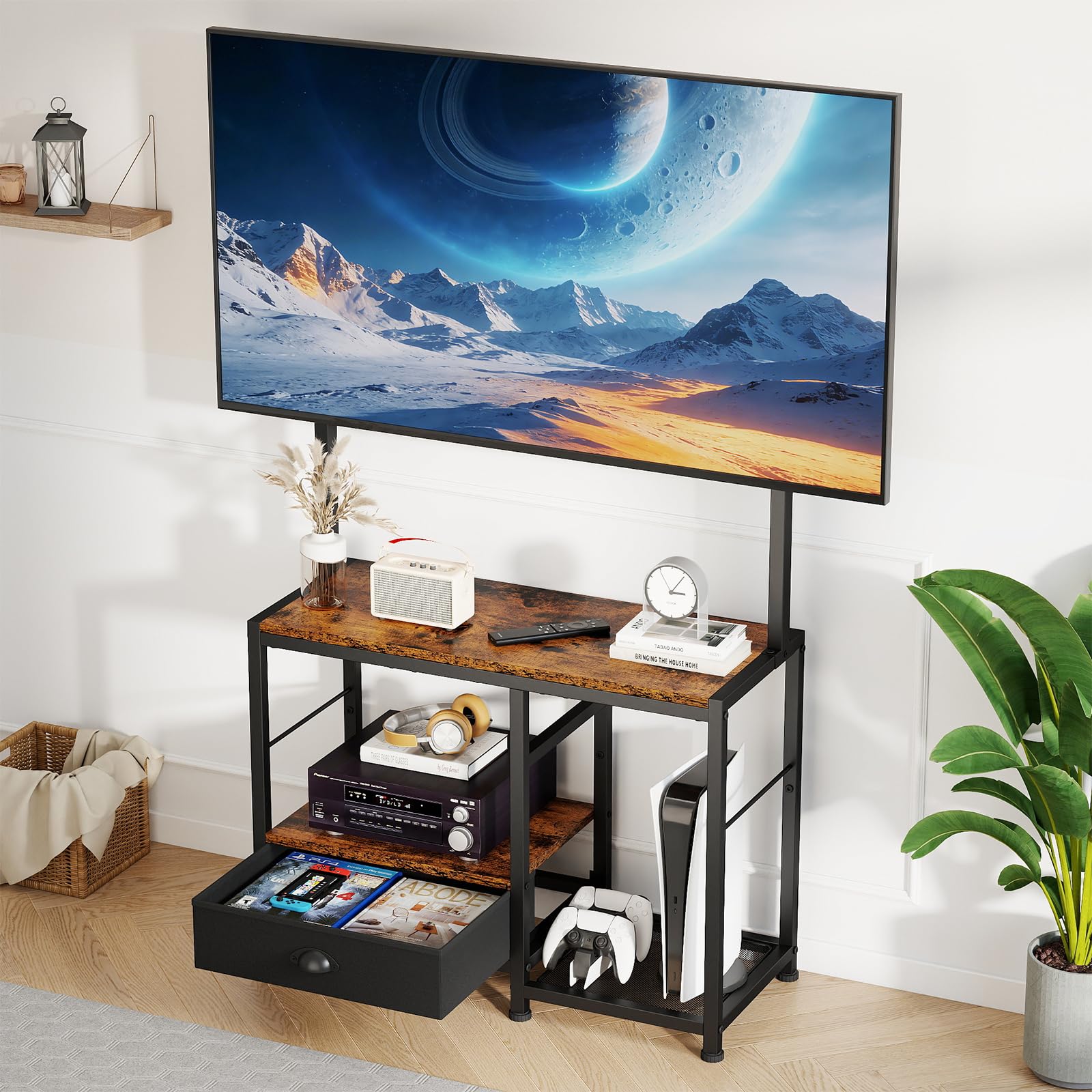 ikkle Universal TV Stand for 32-55 Inch Screens, Adjustable Television Stand with Mount, TV Console Table with Storage Shelf & Drawer