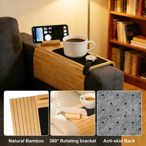ULIKEUS Bamboo Sofa Armrest Tray Table with Rotating Mobile Holder Non Slip Foldable Couch Arm Table for Drinks Cup Cellphone Remote Snacks