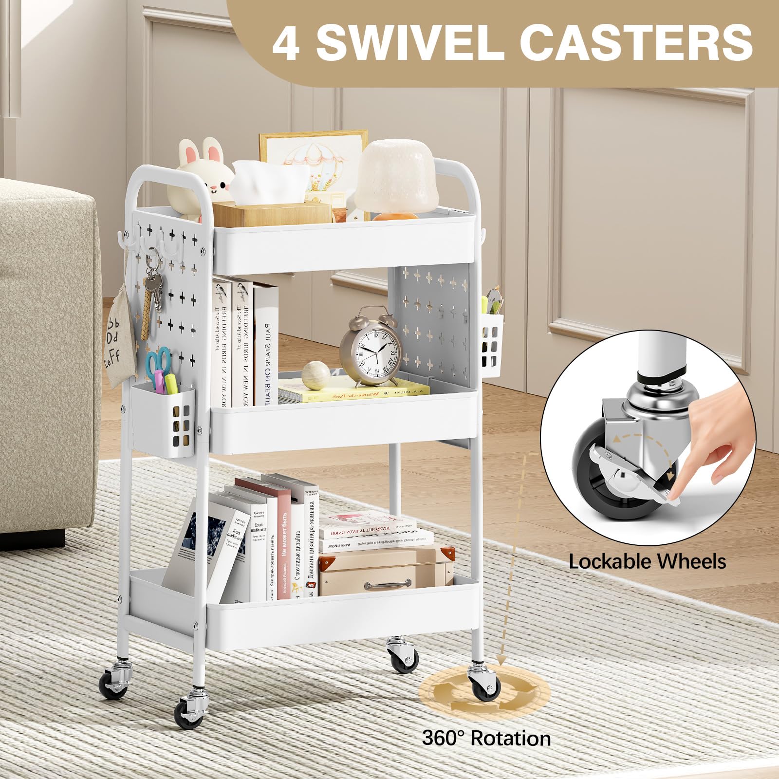 KINGRACK 3-Tier Rolling Cart with DIY Hanging Board, Metal Utility Cart with Wheels, Handles, Baskets & Hooks, Storage Organizer for Bathroom