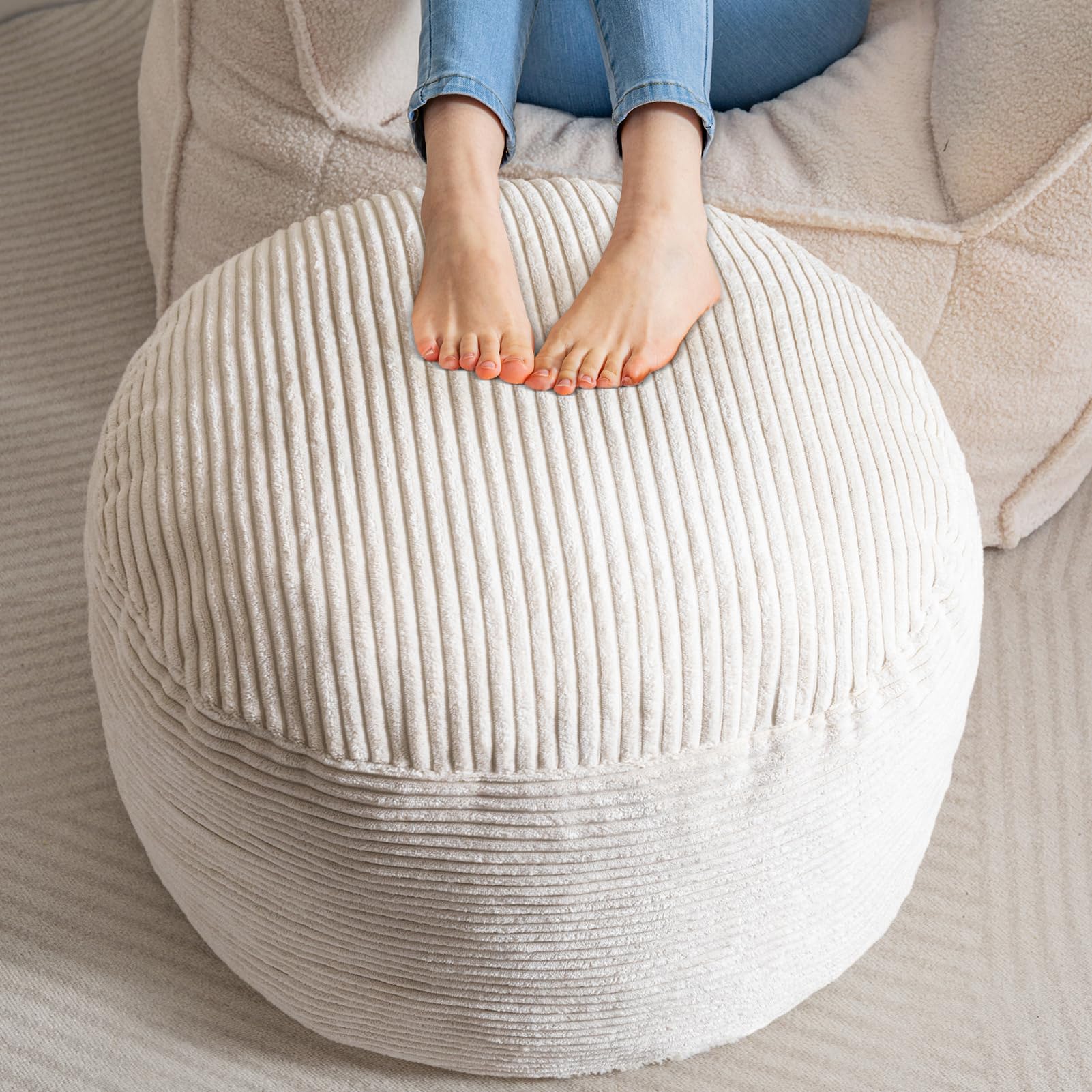 HIGOGOGO Corduroy Round Beanbags Footstool Bean Bag Pouf with Foam Chunk Filling, 65 x 45 cm Poufs Foot Rest for Living Room, Beige