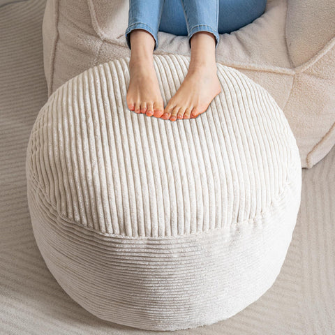 HIGOGOGO Corduroy Round Beanbags Footstool Bean Bag Pouf with Foam Chunk Filling, 65 x 45 cm Poufs Foot Rest for Living Room, Beige