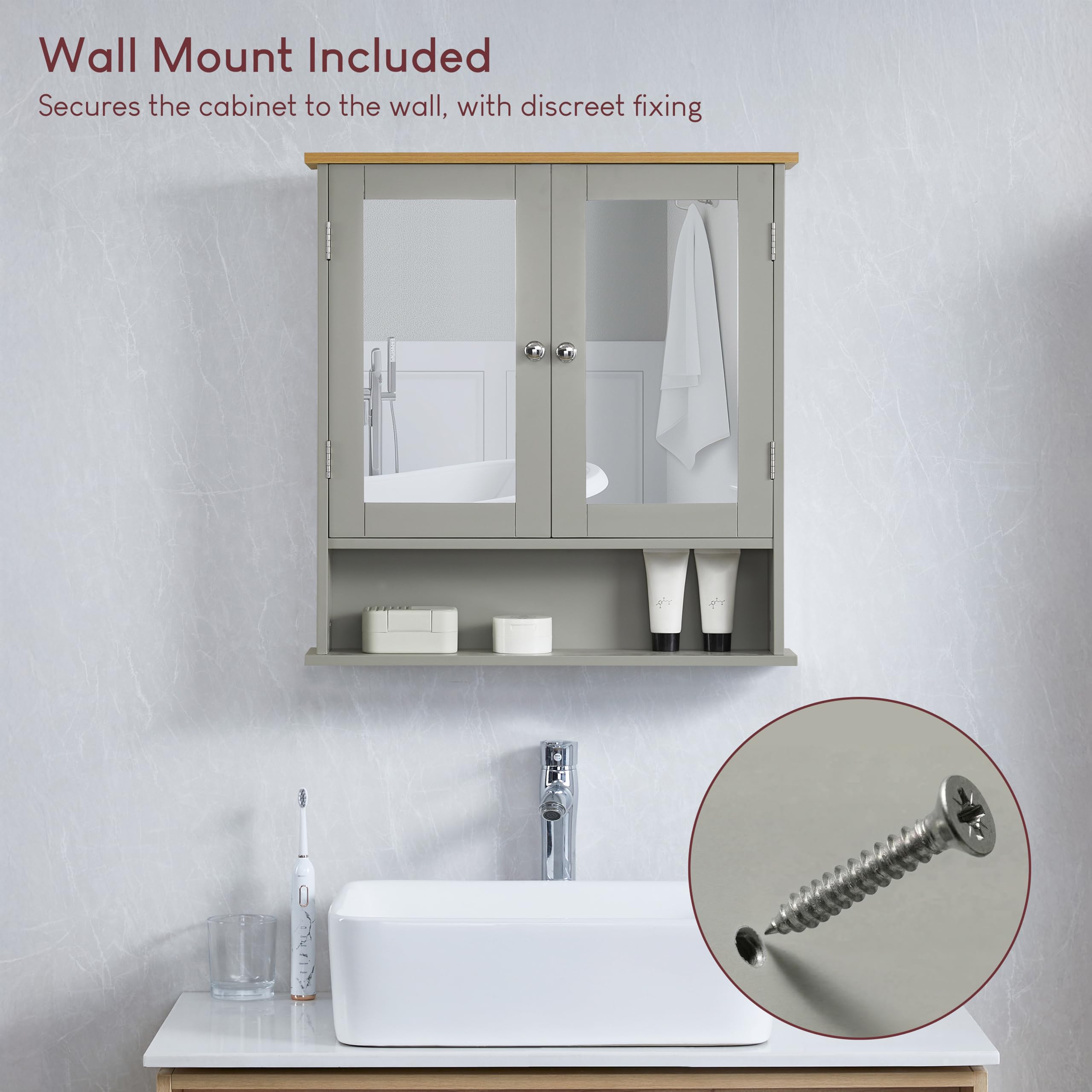 Bath Vida Priano 2 Door Mirrored Wall Cabinet with Shelf | Grey & Oak | 58 H x 56 W x 13 D cm | Easy Assembly | Space-Saving | Round Handles