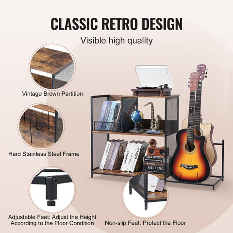 VEVOR 3-Tier Record Player Stand with Guitar Holder, Turntable Stand with Storage Holds Up to 300 Albums