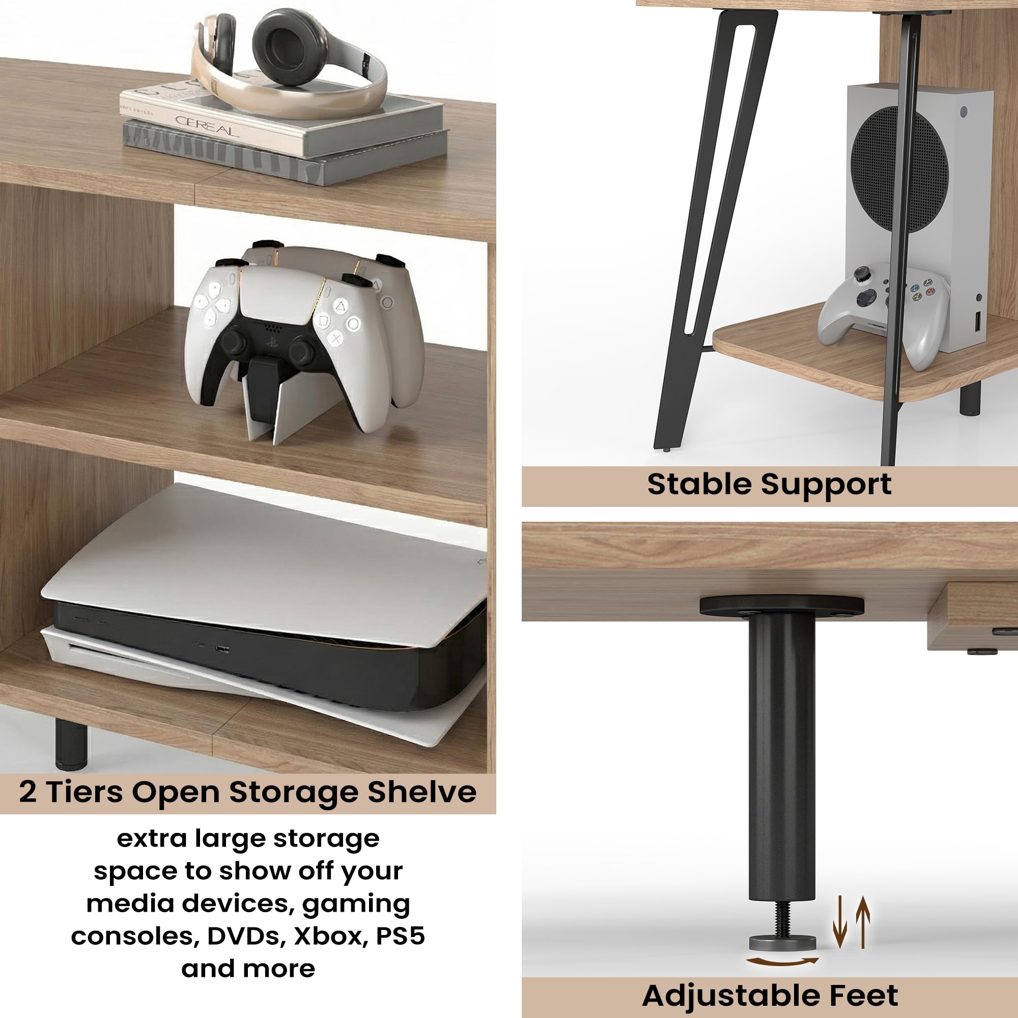 Manora Curved Metal Frame TV Stand with 2-Tier Middle Storage Compartment (Bright brown)