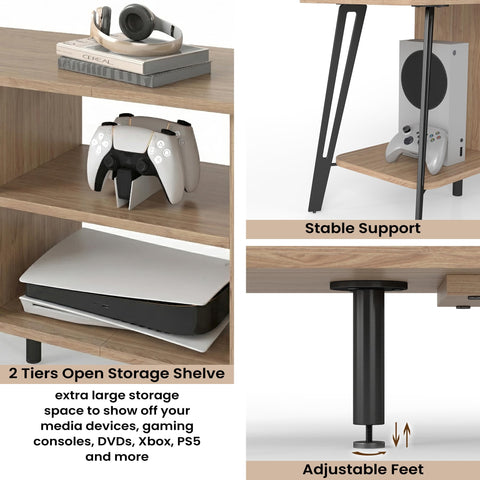 Manora Curved Metal Frame TV Stand with 2-Tier Middle Storage Compartment (Bright brown)