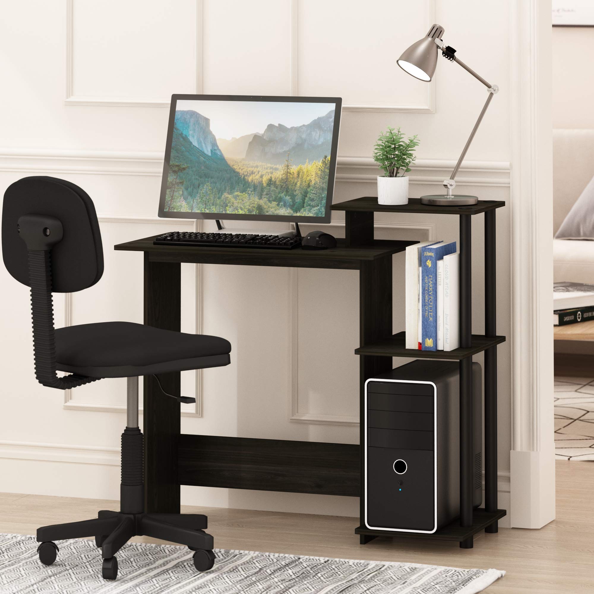 Furinno EFFICIENT Desk, Gaming Desk, with 3 Open Side Shelves, Laptop Notebook Computer Desk,Office Desk for Home Office, Study Room, Dorm, Espresso