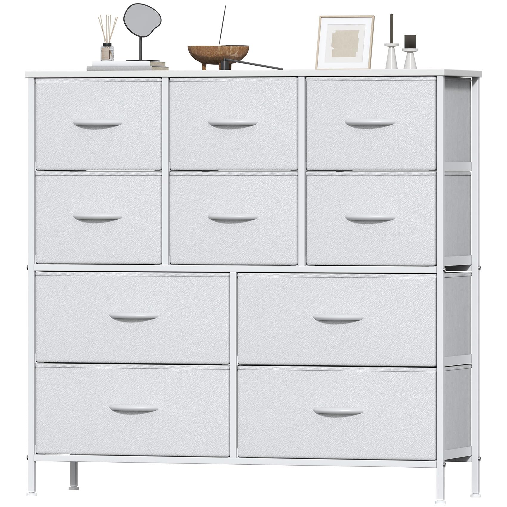 Feonase Chest of Drawers, Bedroom Tall Dresser with 10 Fabric Drawers, Metal Frame & MDF Wood Top, Adjustable Feet