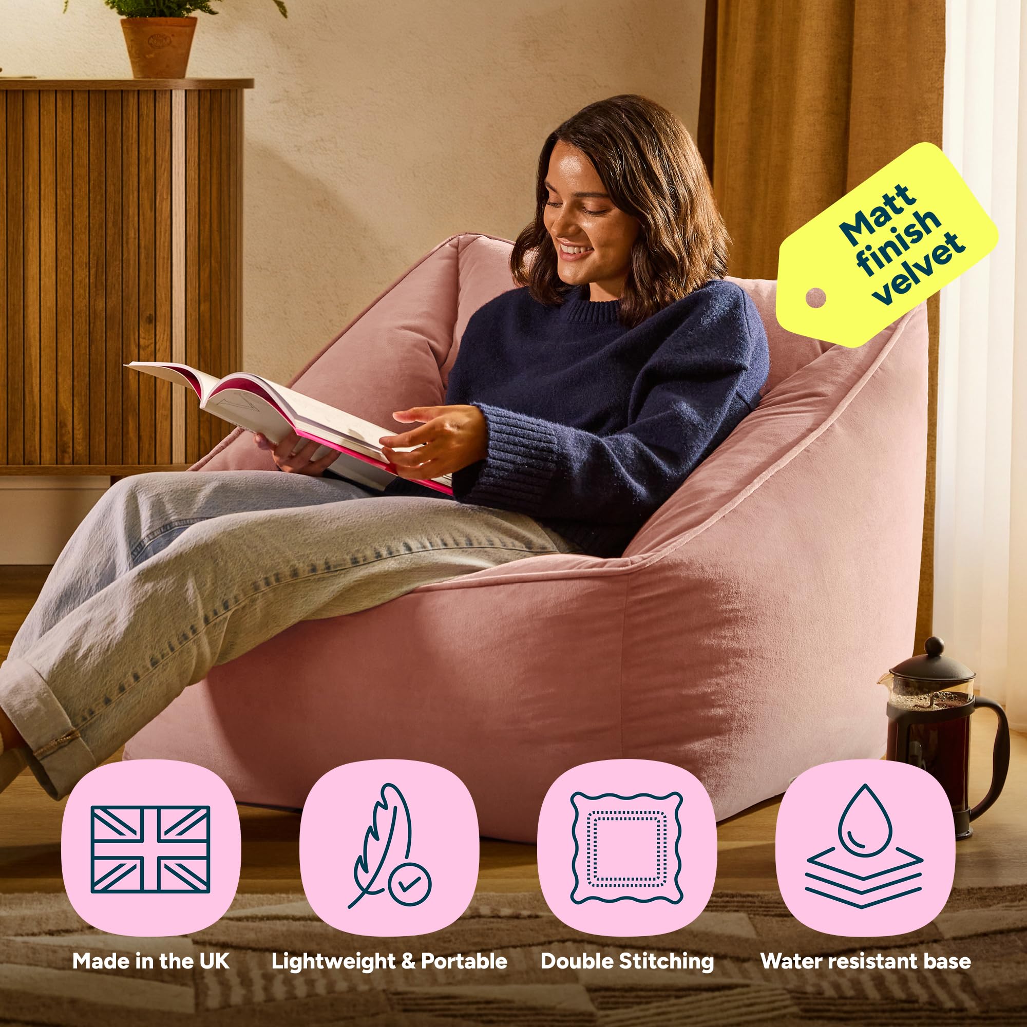 icon Natalia Velvet Bean Bag Chair with Filling Included, Pink