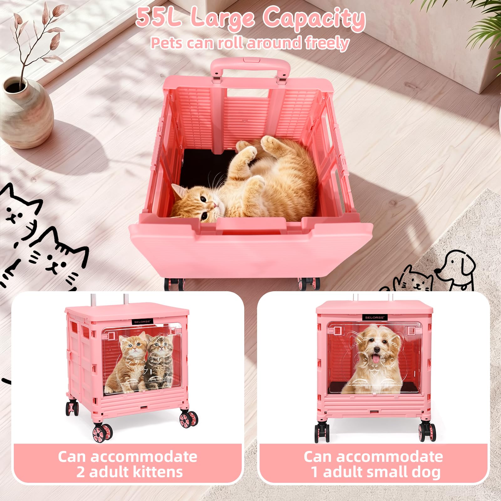 LexonElec x SELORSS BY16 Foldable Shopping Trolley on Wheels, Transparent Window Pet Stroller, Portable Wagons Carts