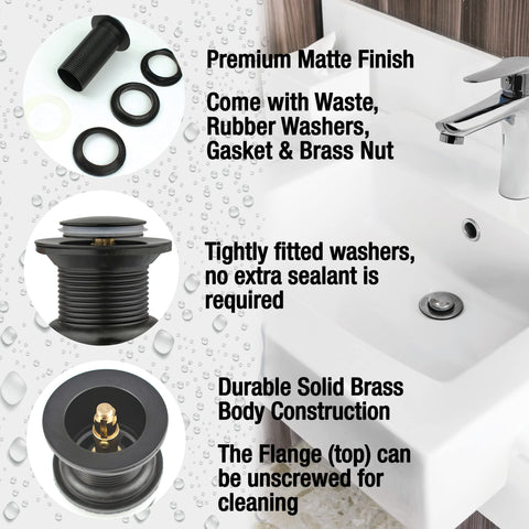 Xcel Home™ Unslotted Black Replacement Click Clack Basin Waste | Quality Brass Pop-Up Bathroom Sink Plug | Standard G 1 1/4" BSP Connection | 1 pc