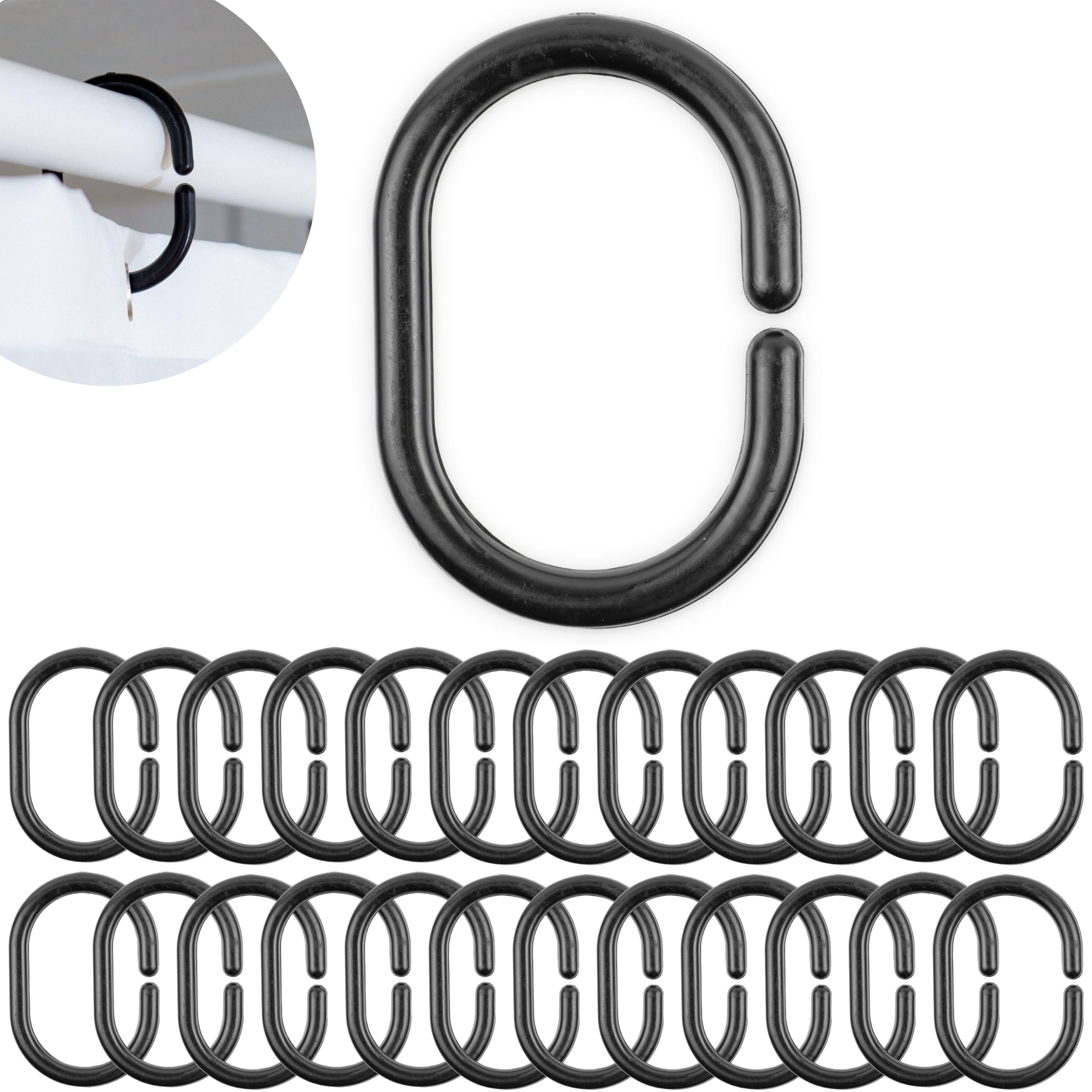 Shower Curtain Rings, 24 Pack, in Black, Inner Diameter 1.8 x 1.1", for Shower Curtain Rods, sturdy plastic shower rings, hooks for shower curtains