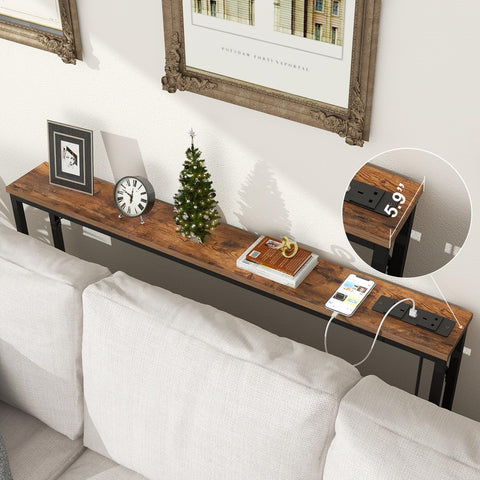 VEDECASA 5.9" Skinny Console Table with Charging Station Narrow Long Behind Couch Table with Power Outlets USB Ports Slim Sofa Table for Entryway