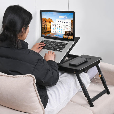 VASMIA Laptop Table,Laptop Desk for Bed with Adjustable Angle and Height,Bamboo Folding Desk for Working Reading and Breakfast,Black