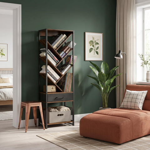 ruboka Tree Bookshelf with Side Table, Tall Bookcase with Storage Cabinet, Floor Standing Modern Narrow Bookshelves Organizer for Bedroom/Living