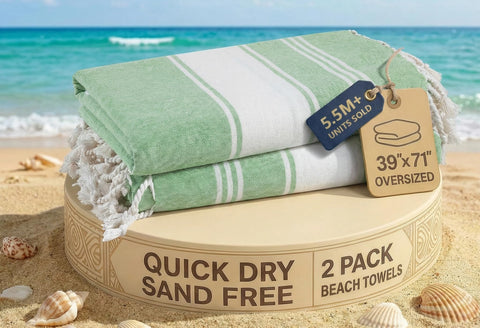 LANE LINEN Turkish Beach Towels, 2 Pack Extra Large Beach Towel, Pre-Washed for Soft Feel, Cotton Rich Oversized Sand Free Quick-Dry Pool Towel