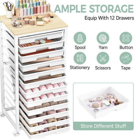 SYKIARIOL 12-Drawer Storage Trolley Rolling Cart with Wooden Top, White