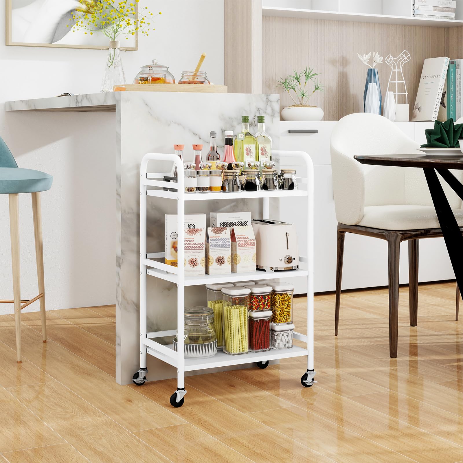 HDANI 3-Tier Rolling Cart,Kitchen Storage Trolley Car,Metal Utility Shelves with 2 Lockable Wheels for Home,Office,Bathroom,Bedroom