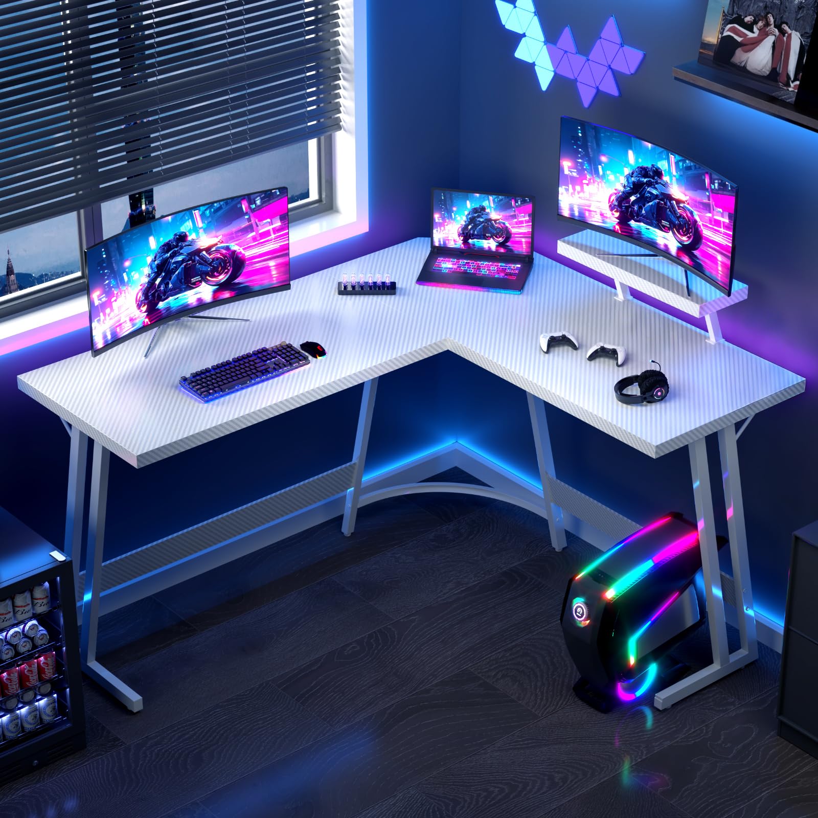 JUMMICO L Shaped Gaming Desk with Large Monitor Stand 150x150x75cm,Corner Desk for Home Office Study Writing Workstation, White