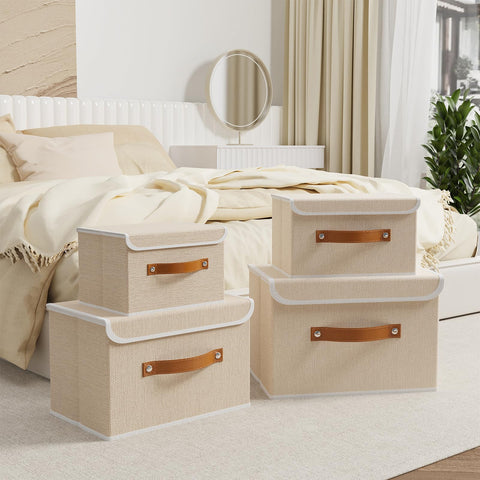 OUTBROS Storage Boxes with Lids 5 Pack, Bins 26x20x17 cm, Beige