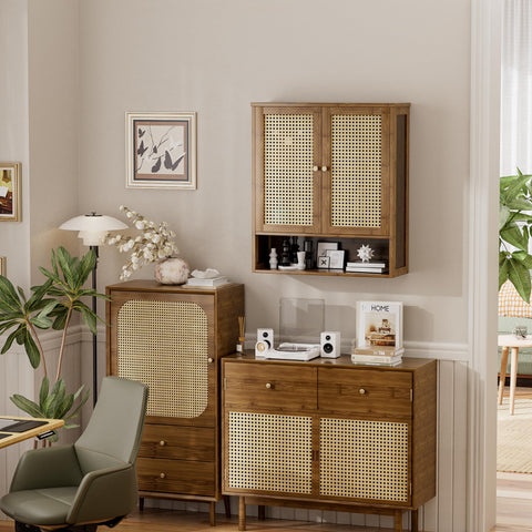 vovala Bathroom Wall Cabinet, Bamboo Over-The-Toilet Storage Organizer with 2 Rattan Doors and Adjustable Shelf